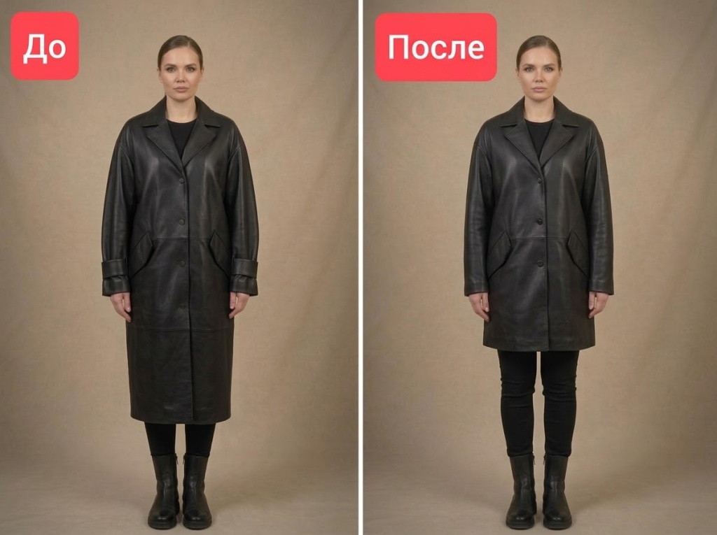 Коллаж сравнения до и после укорачивания длинного женского кожаного пальто в ателье mehovoe.by. Слева — пальто полной длины ниже колен. Справа — результат работы: аккуратно укорочен низ пальто до уровня выше колен и укорочены рукава.